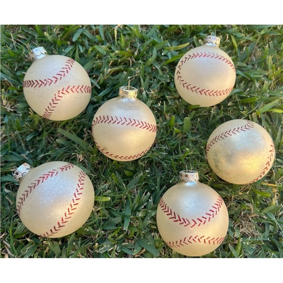 Other - Vintage Baseball Christmas Ornaments Lot Of 6 Off White Red Glitter